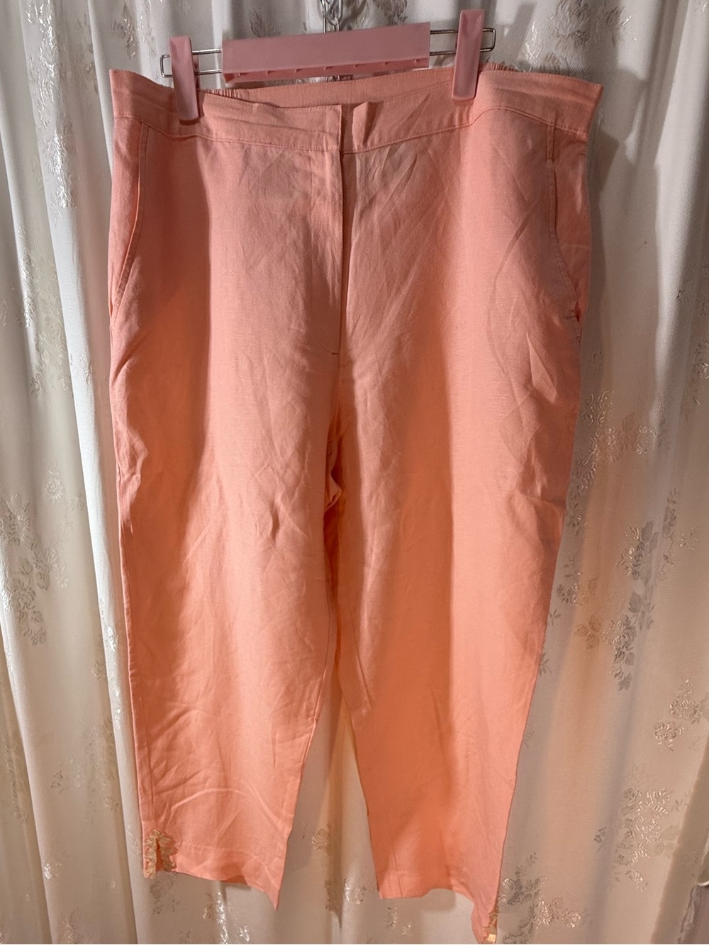 Ruby Road Peach Linen Cropped Casual Pants with Shell Accents at Cuff